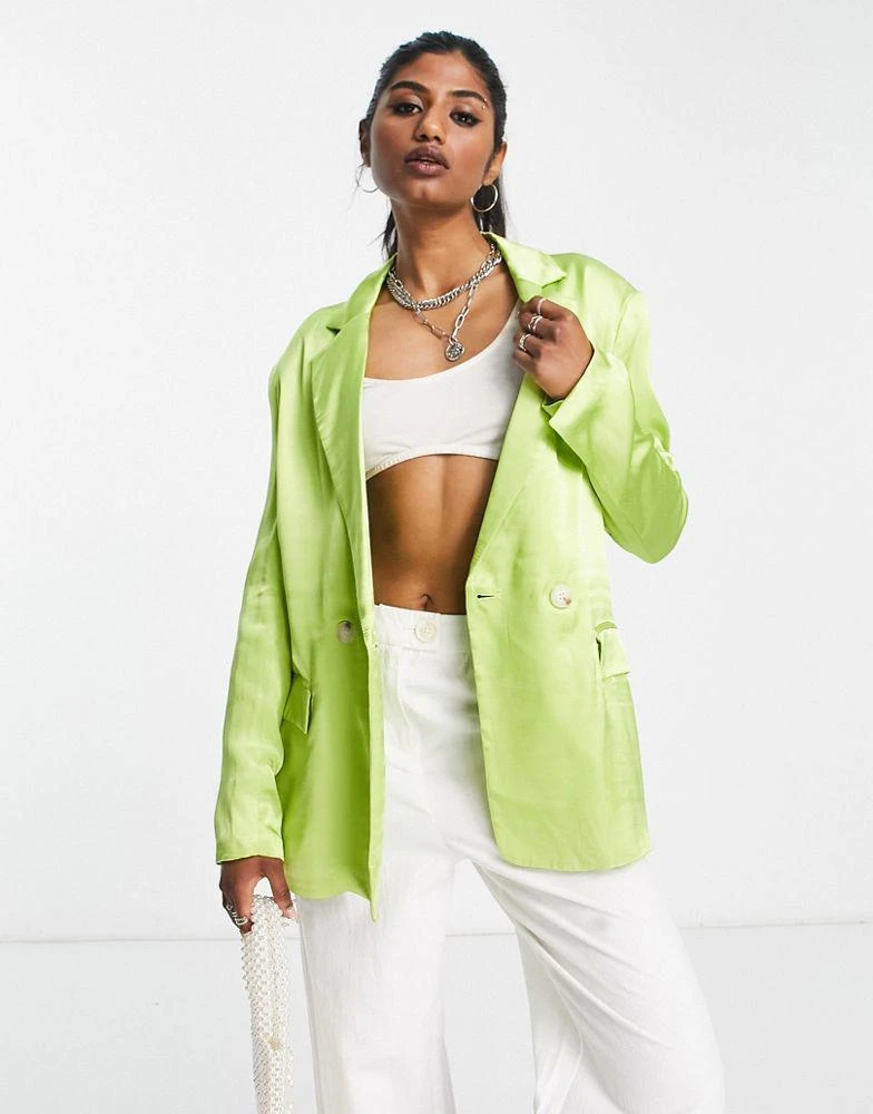 商品Bershka|Bershka oversized satin blazer co-ord in lime,价格¥140,第1张图片