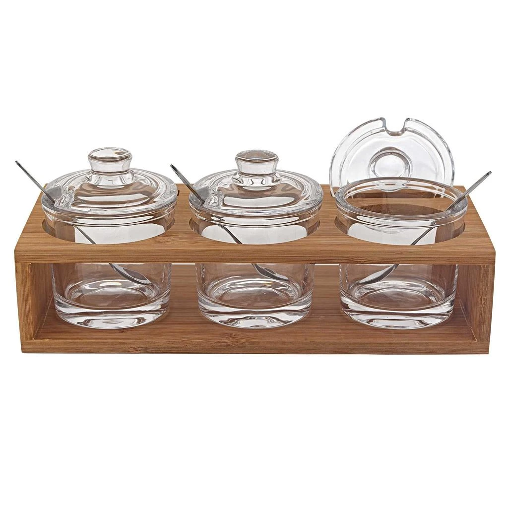 商品Homezia|6 Mouth Blown Crystal Jam Set With 3 Glass Jars And Spoons On A Wood Stand,价格¥629,第2张图片详细描述