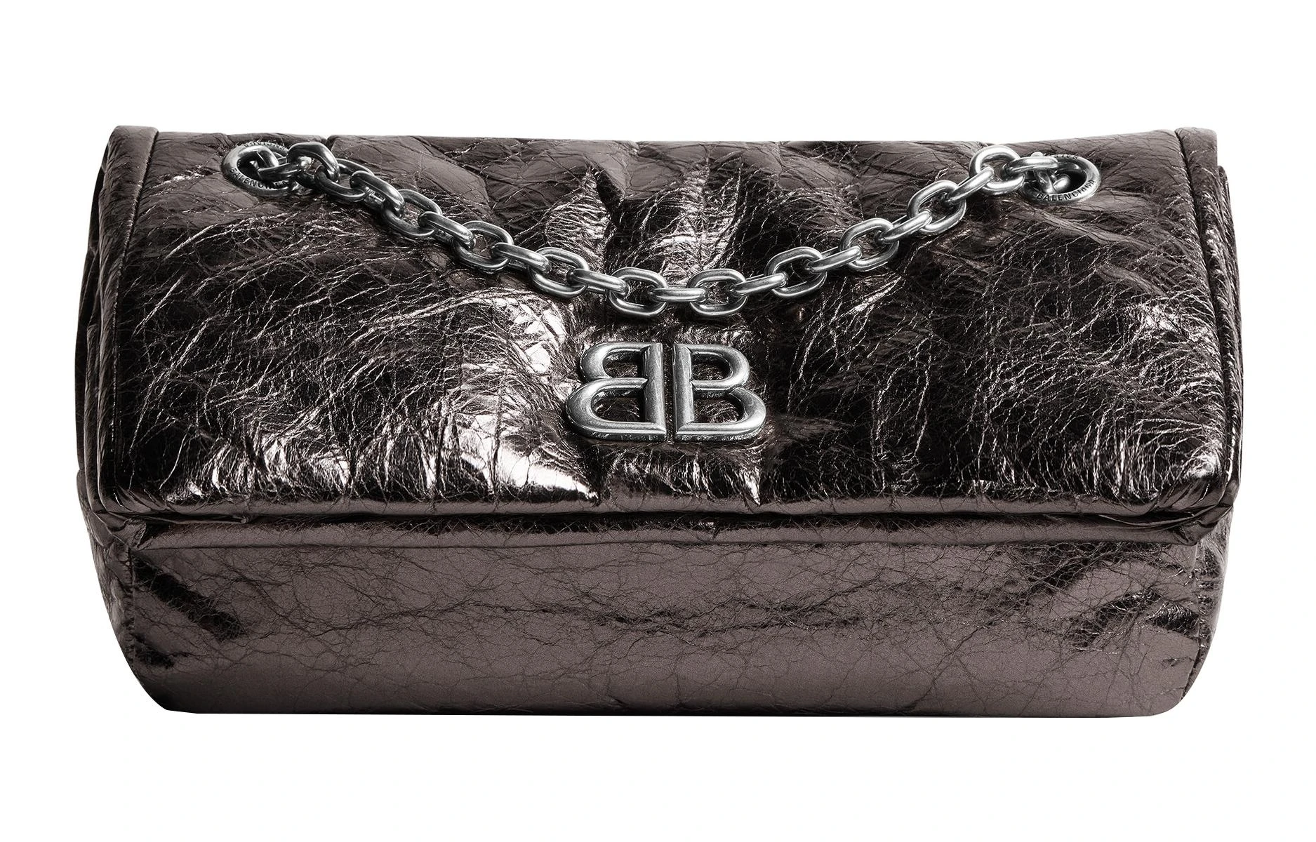 商品[国内直发] Balenciaga|巴黎世家 Monaco 做旧银色BB徽标翻盖闭合 Arena小牛皮 链条包手提单肩包 小号 女款 深灰色,价格¥15811,第1张图片