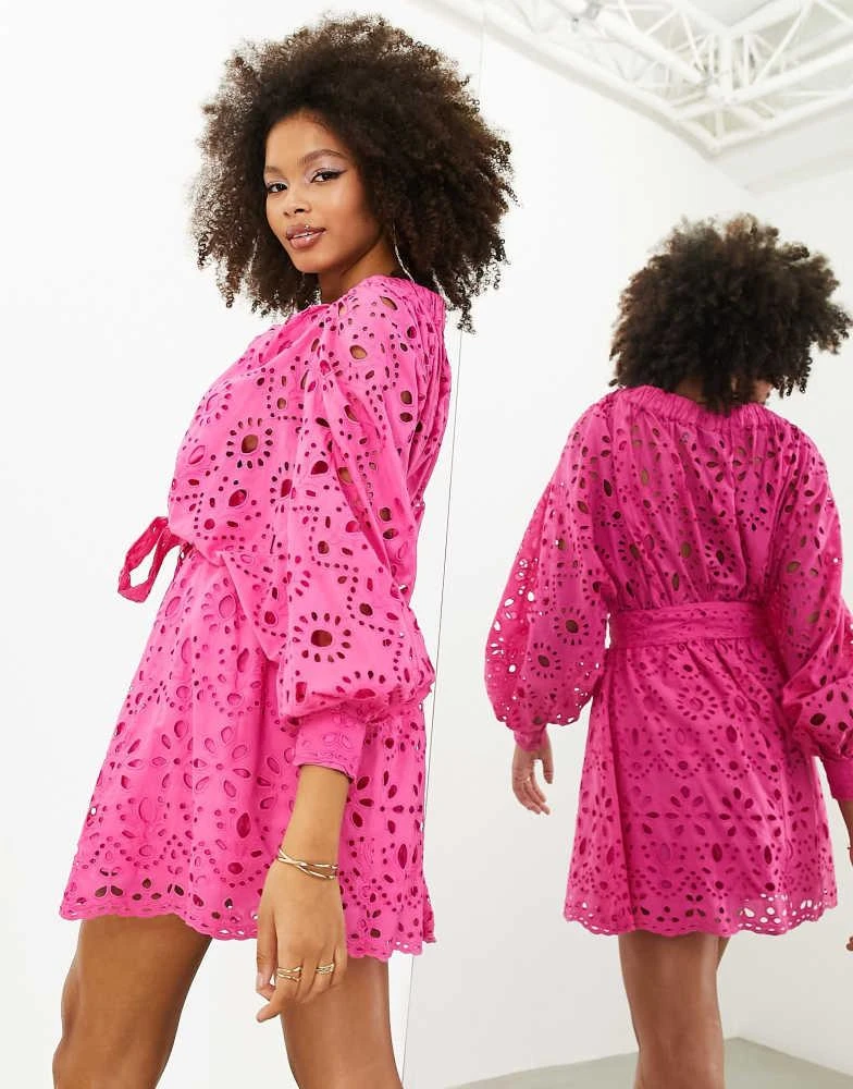 商品ASOS|ASOS EDITION broderie wrap belted mini dress in bright pink,价格¥332,第2张图片详细描述