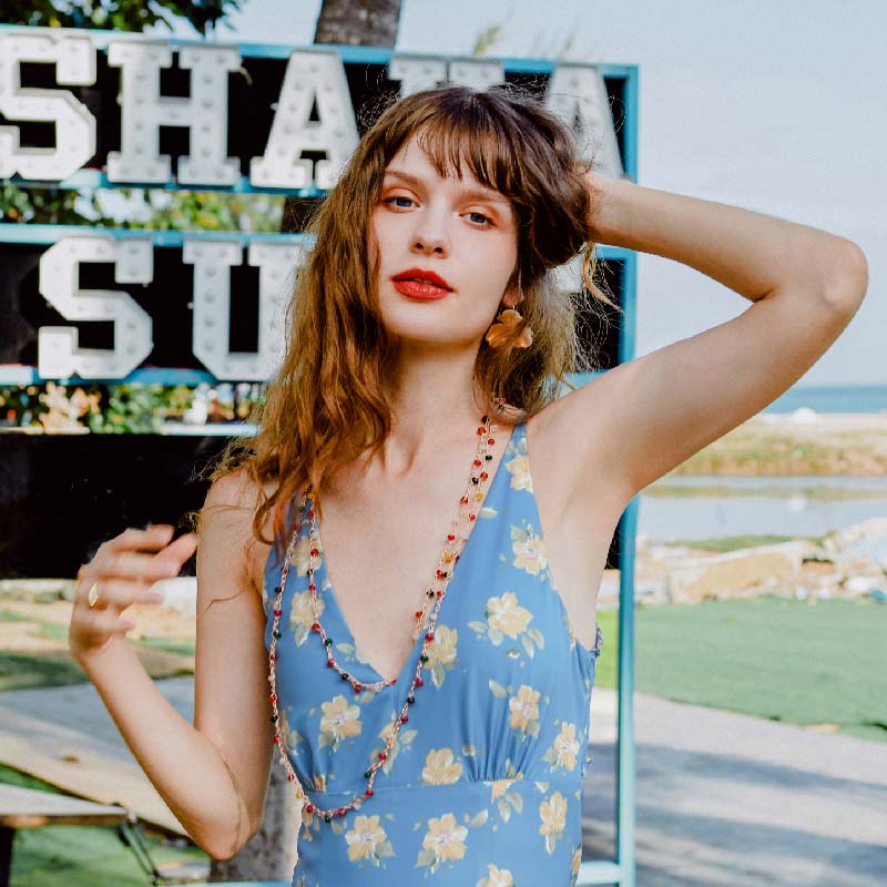 Frida蓝色洋牡丹侧开衩后背环扣设计法式连衣裙 | Frida Dress - Blue Floral 商品第2张图片规格展示