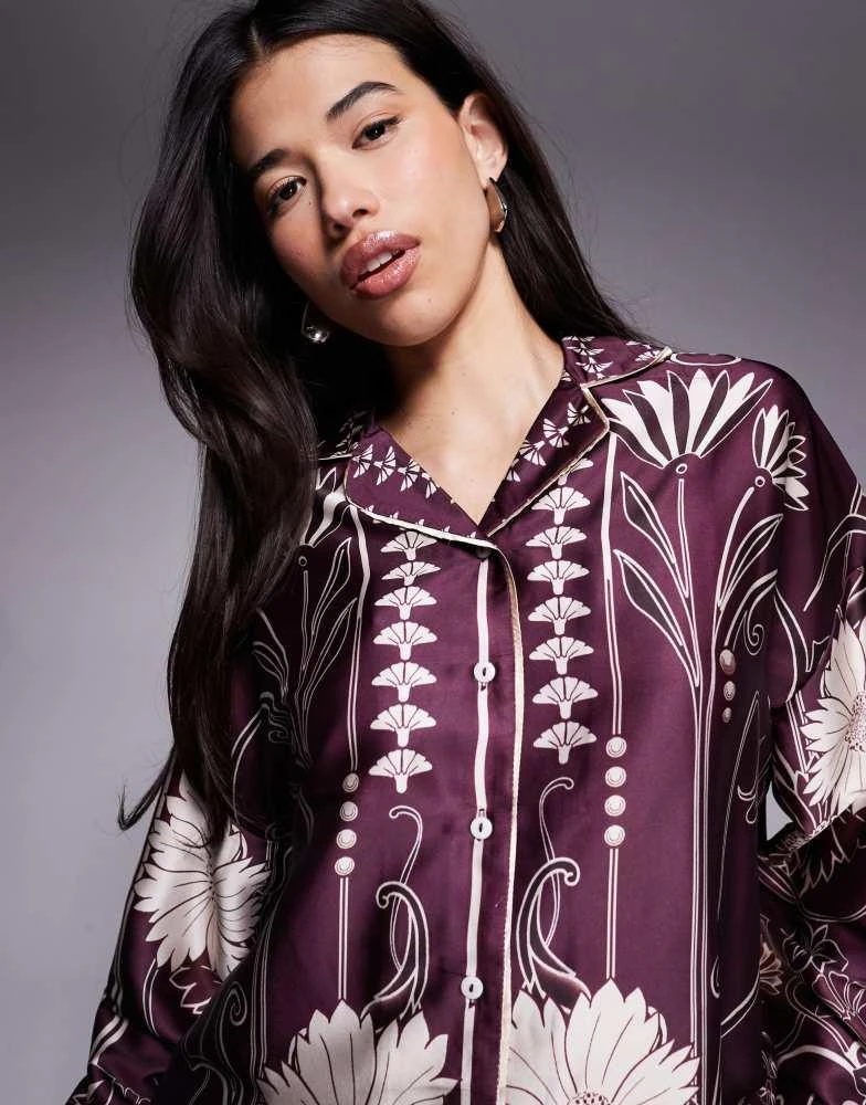 商品River Island|River Island floral print satin pyjama set in burgundy,价格¥428,第3张图片详细描述
