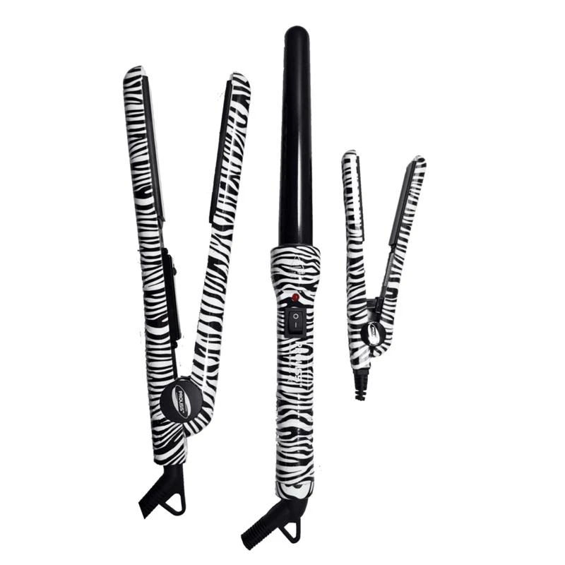 商品Proliss|The Essentials Full Styling Set 100% Solid Ceramic 1.25" Flat Iron, 0.5" Mini Flat Iron And Curling Wand White Zebra,价格¥695,第1张图片