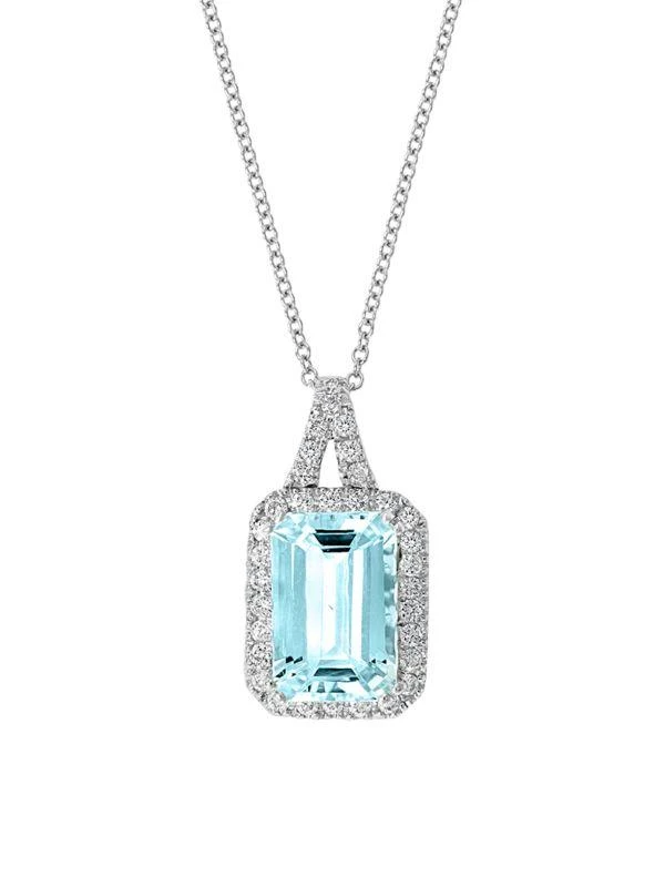 商品Effy|14K White Gold, Aquamarine & Diamond Pendant Necklace,价格¥10917,第2张图片详细描述