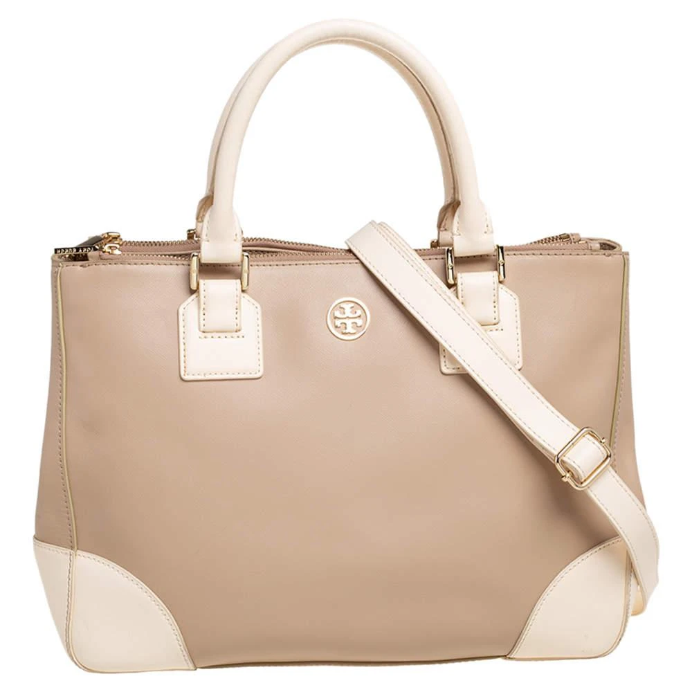 商品[二手商品] Tory Burch|Tory Burch Two Tone Beige Saffiano Lux Leather Robinson Double Zip Tote,价格¥899,第1张图片