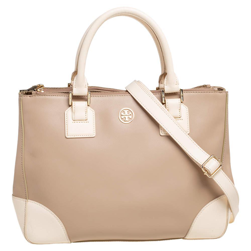 商品[二手商品] Tory Burch|Tory Burch Two Tone Beige Saffiano Lux Leather Robinson Double Zip Tote,价格¥1257,第1张图片