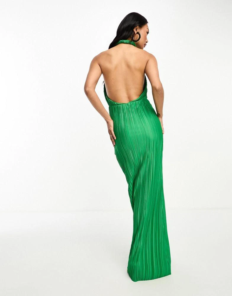 商品ASOS|ASOS DESIGN plunge halter cowl back plisse maxi dress in green,价格¥242,第2张图片详细描述