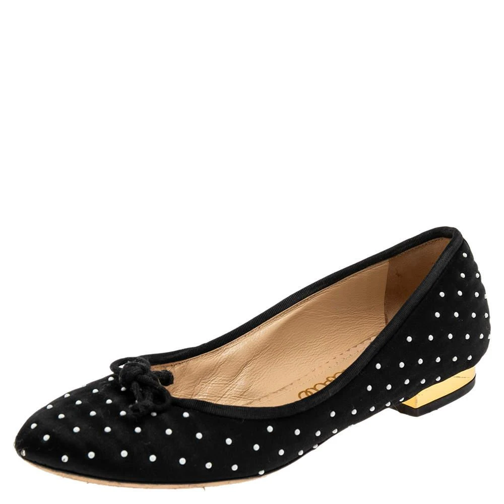 商品[二手商品] Charlotte Olympia|Charlotte Olympia Black Satin White Studed Bow Ballet Flats Size 36,价格¥851,第1张图片