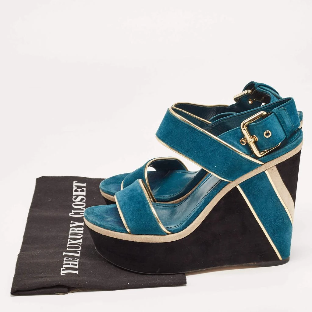 Louis Vuitton Gold/Blue Suede Wedge Platform Slingback Sandals Size 40 商品