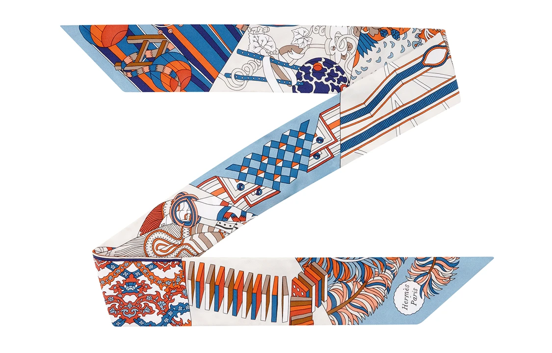 商品[国内直发] Hermes|爱马仕 \"从洋伞到对决\"l'Ombrelle aux Duels twilly 小丝带 蓝色/南瓜黄/奶油色 丝巾 女款,价格¥1918,第3张图片详细描述