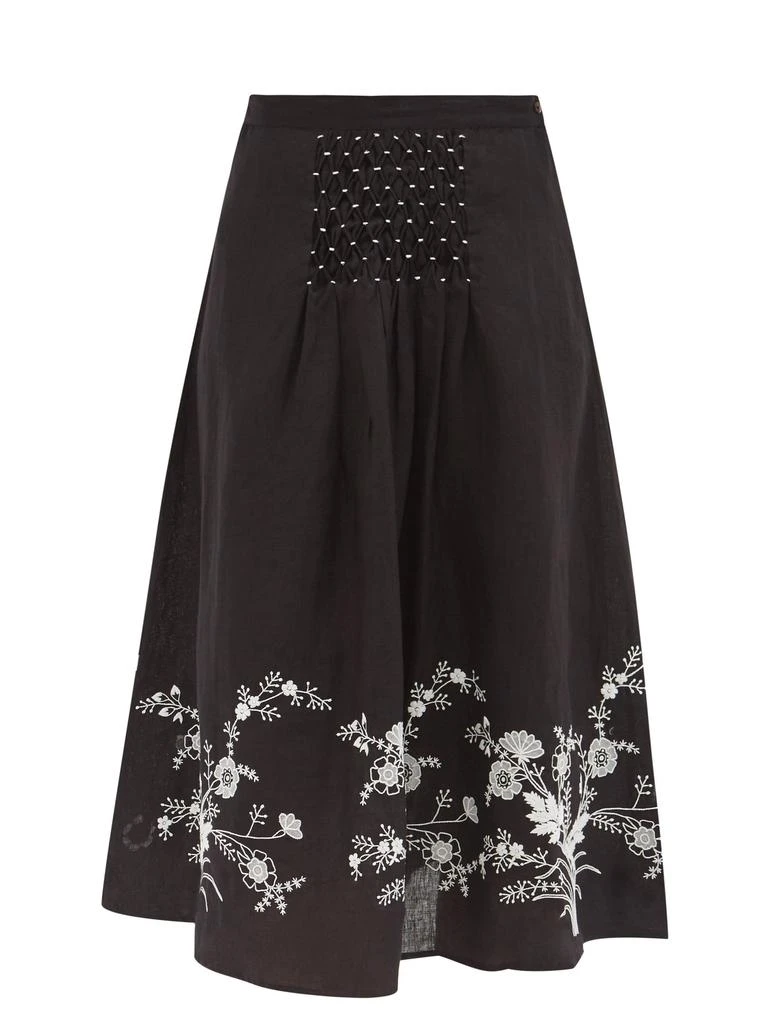 Yulia floral-embroidered linen midi skirt 商品