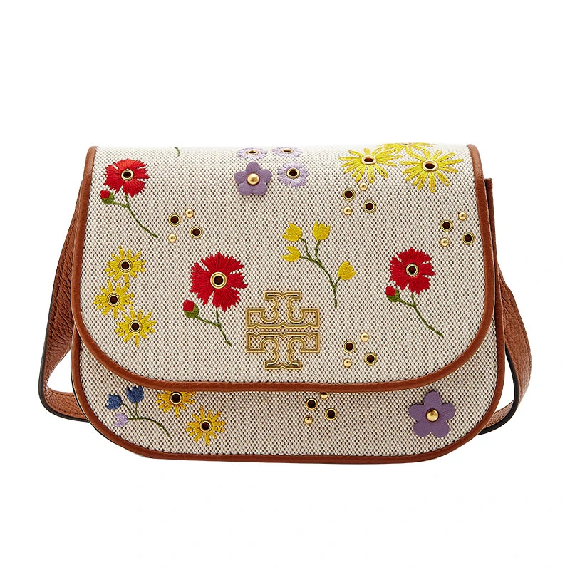 商品[国内直发] Tory Burch|托里·伯奇TB 女士米色拼色织物配皮刺绣花朵时尚元素单肩斜挎包马鞍包 89499-254,价格¥5166,第1张图片