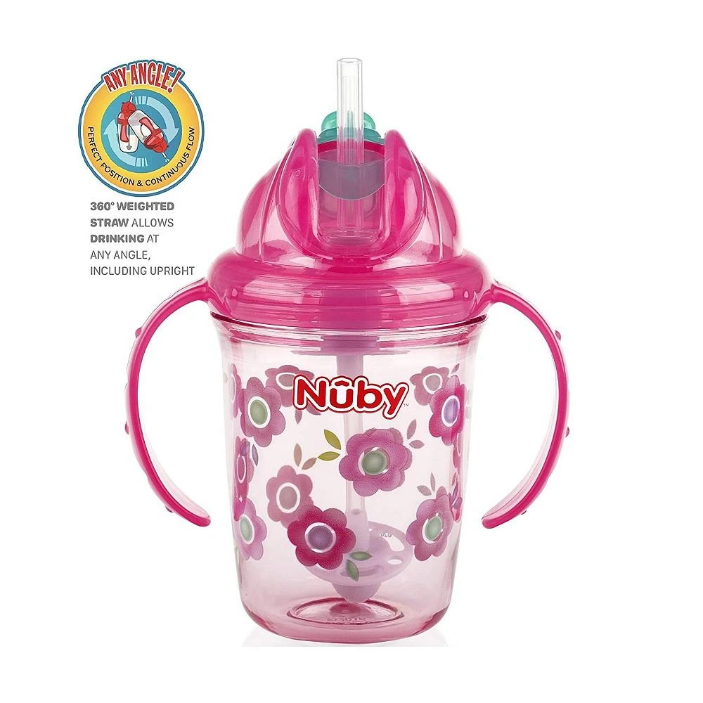 商品Nuby|Tritan No Spill Flip N' Sip Twin Handle 360 Weighted Straw Cup, Pink,价格¥131,第2张图片详细描述