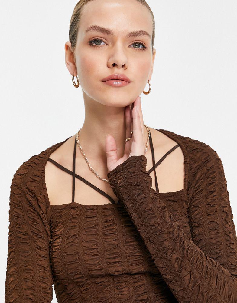 Topshop textured multi strap long sleeve top in brown商品第3张图片规格展示