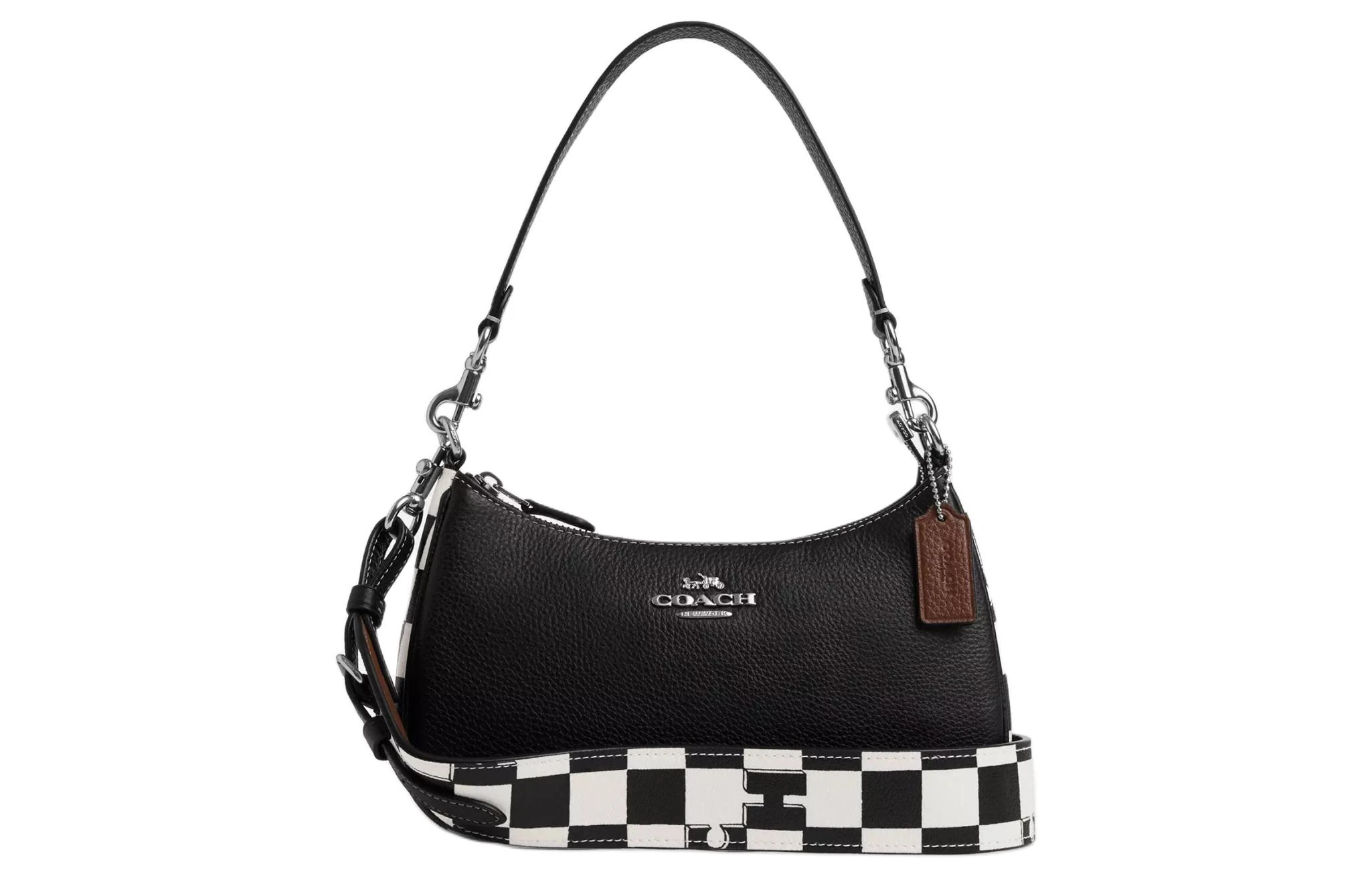 商品[国内直发] Coach|蔻驰 Teri 24 棋盘格印花设计Logo徽标拉链开合 鹅卵石纹皮革 斜挎单肩包 中号 女款 黑色拼白色,价格¥1178,第1张图片