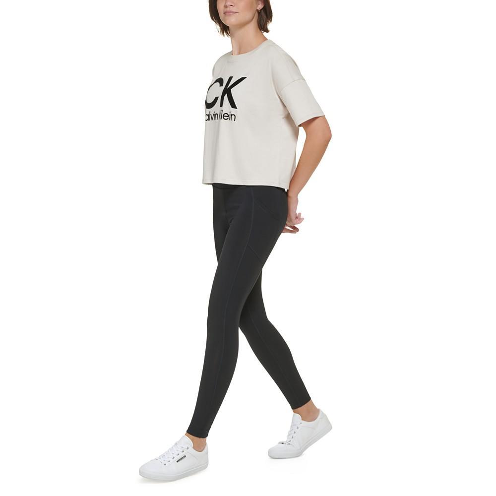 商品Calvin Klein|Women's Stacked Flocking Logo-Print Cotton T-Shirt,价格¥146-¥182,第6张图片详细描述