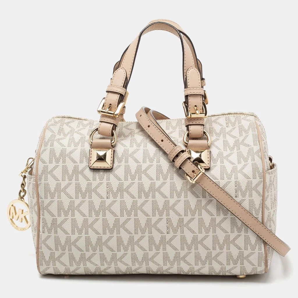 商品[二手商品] Michael Kors|MICHAEL Michael Kors White/Beige Signature Coated Canvas and Leather Grayson Boston Bag,价格¥1133,第1张图片