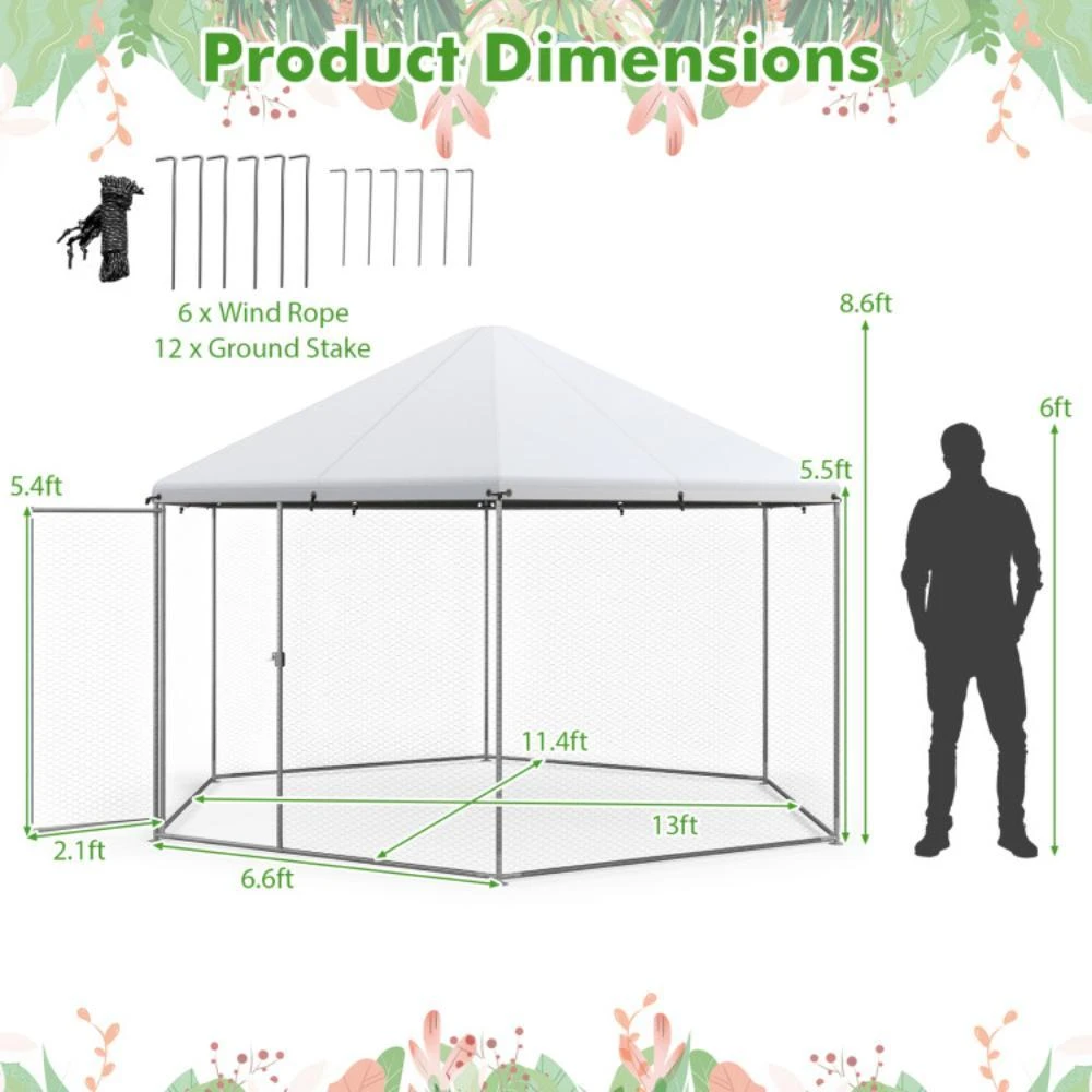 13FT Large Metal Hexagonal Chicken Coop with Wire Mesh and Lockable Door 商品