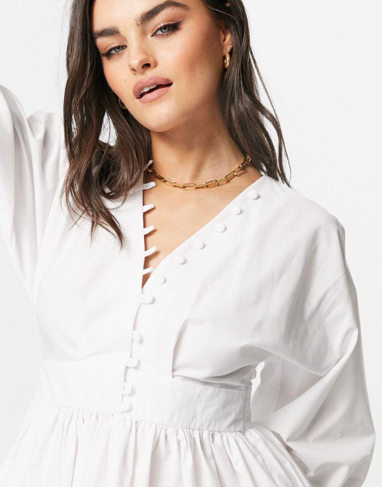 商品ASOS|ASOS DESIGN cotton poplin button detail mini smock dress with tie sleeves in white,价格¥95,第5张图片详细描述