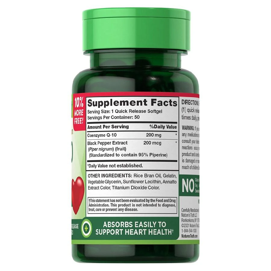 商品Nature's Truth|Enhanced Absorption CoQ-10 200 mg plus Black Pepper Extract,价格¥112,第3张图片详细描述