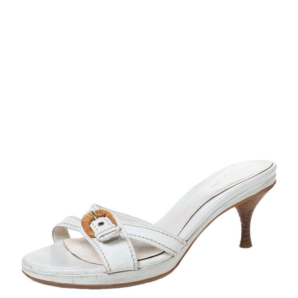 Sergio Rossi White Leather Buckle Detail Platform Slide Sandals Size 39.5商品第1张图片规格展示