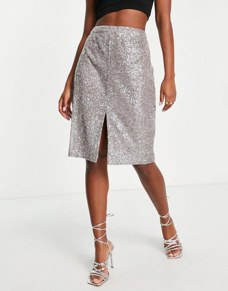 商品French Connection|French Connection eshka sequin skirt in silver,价格¥384,第4张图片详细描述