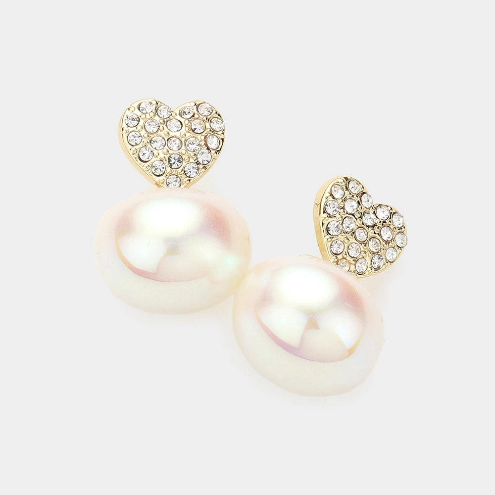 商品FASHNZFAB|Stone Paved Heart Pearl Dangle Earrings - Cream, Gold,价格¥200,第1张图片详细描述