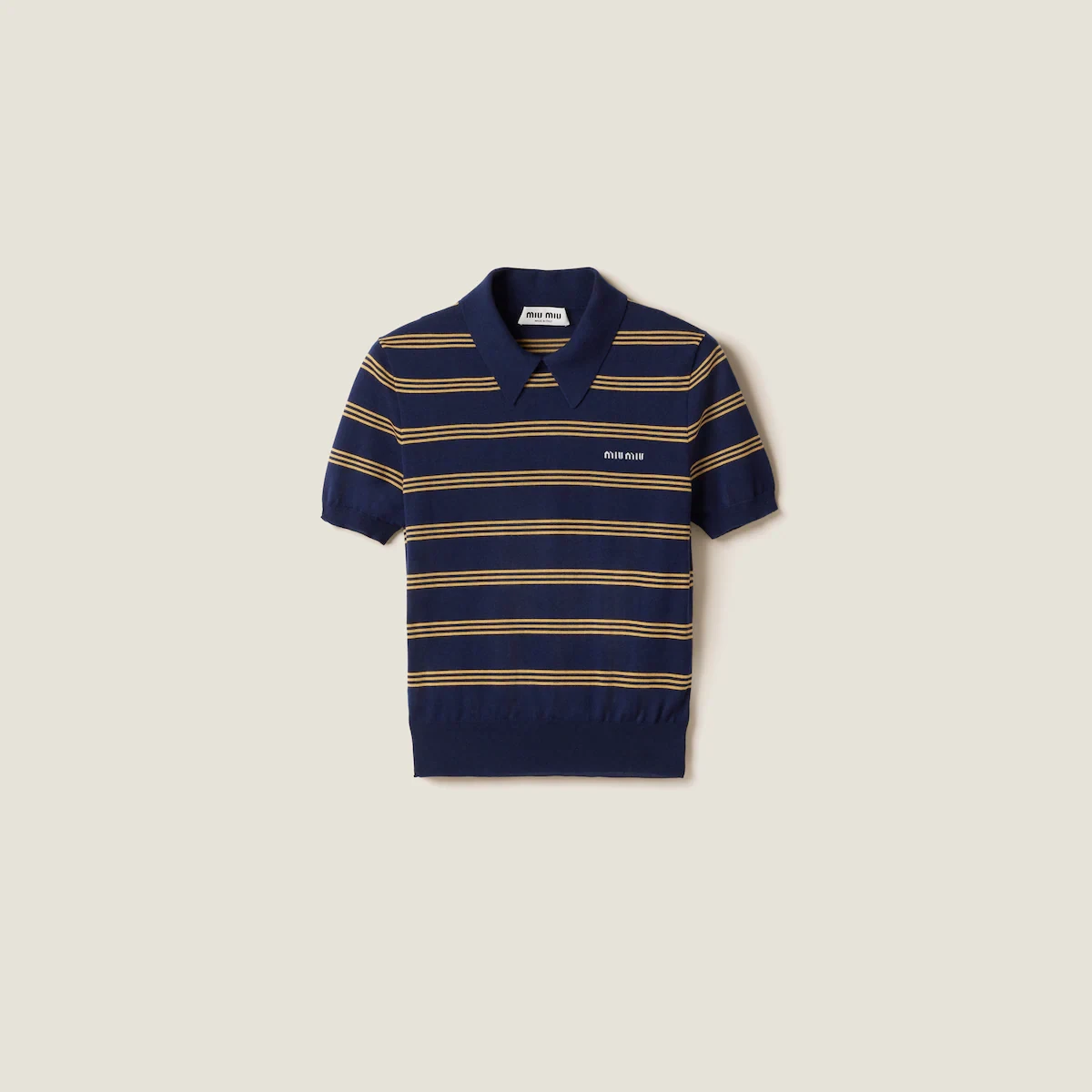 商品Miu Miu|【预售】 缪缪 25春夏 女士 针织衫 Pull polo à rayures en cachemire et soie MMLA18_150D_F0008_S_OOO,价格¥14723,第1张图片