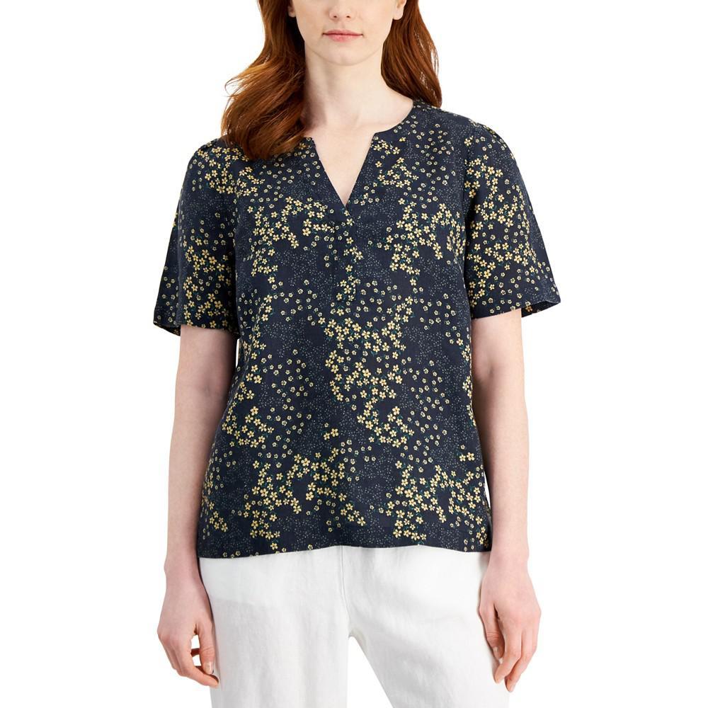 商品Charter Club|Linen Floral-Print Split-Neck Top, Created for Macy's,价格¥177,第1张图片