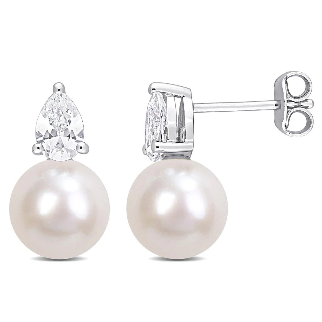 商品Mimi & Max|8.5-9 MM White Freshwater Cultured Pearl and 1 1/3 CT TGW Created White Sapphire Stud Earrings in Sterling Silver,价格¥454,第1张图片