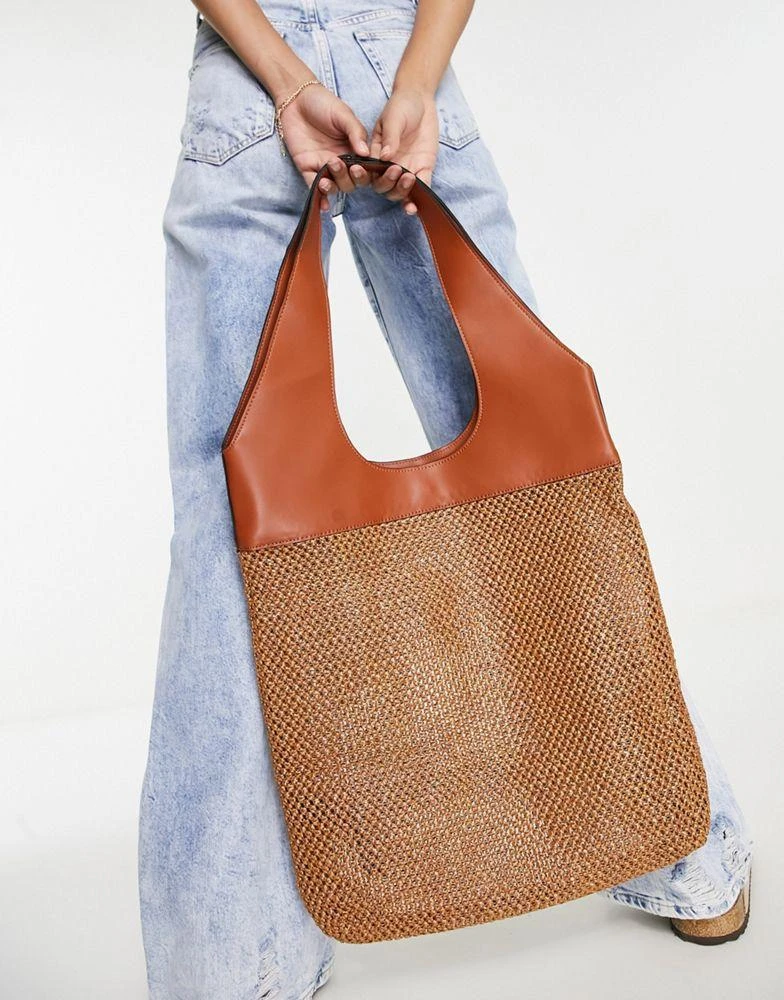 商品Topshop|Topshop crochet pu mix tote bag in brown,价格¥135,第2张图片详细描述