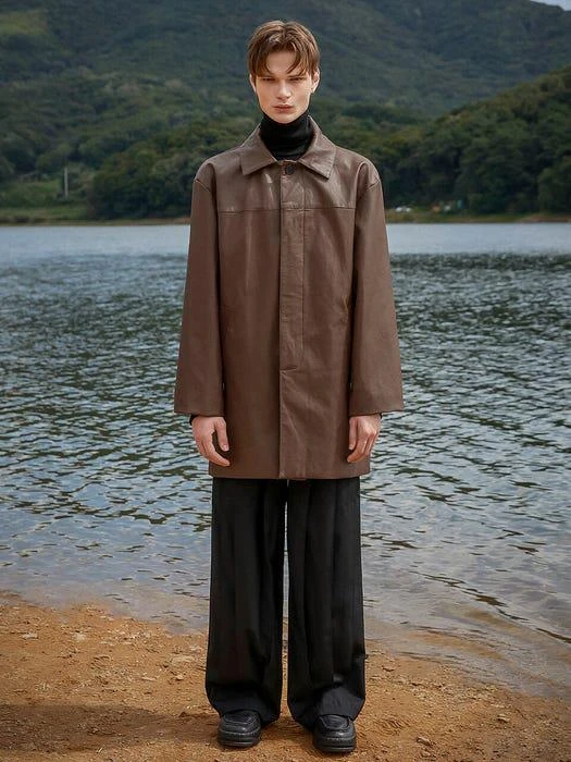 商品FLARE UP|Vegan Leather Balmacaan Mid-Length Coat - Brown,价格¥1450,第4张图片详细描述
