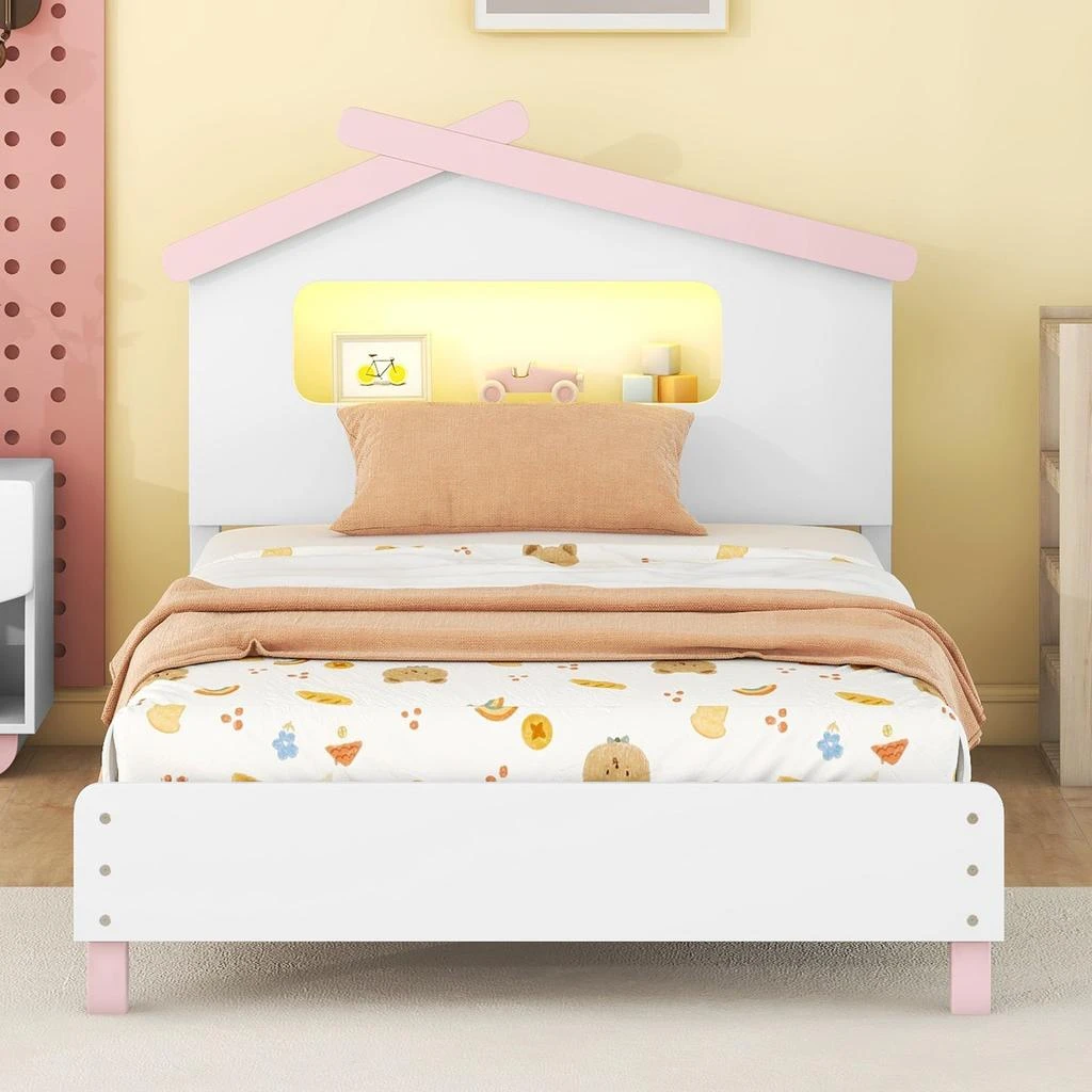 商品Streamdale Furniture|Streamdale Wood Twin Platform Bed with House Headboard & Night Lights (White+,价格¥2506,第2张图片详细描述