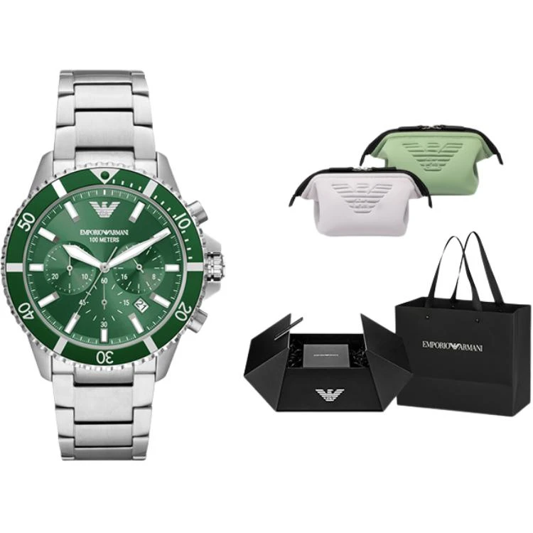 商品[国内直发] Emporio Armani|阿玛尼腕表 石英机芯 不锈钢表带 43mm 绿色表盘 男表 绿水鬼多功能三眼计时欧美男表手表,价格¥3504,第8张图片详细描述