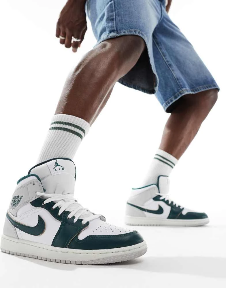 商品Jordan|Air Jordan 1 mid trainers in white, grey and dark green,价格¥1023,第4张图片详细描述