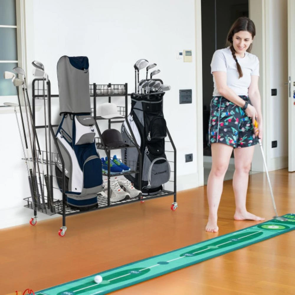 商品Hivvago|Double Golf Bag Rack with Removable Golf Club Stand and Wheels-Black,价格¥745,第2张图片详细描述