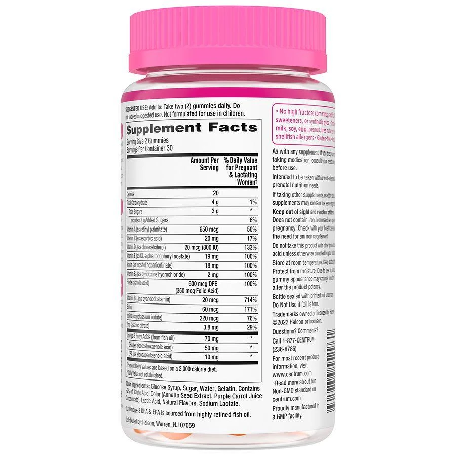 商品Centrum|Prenatal Multivitamin Gummies with Folic Acid and DHA Mixed Berry & Orange,价格¥86,第2张图片详细描述