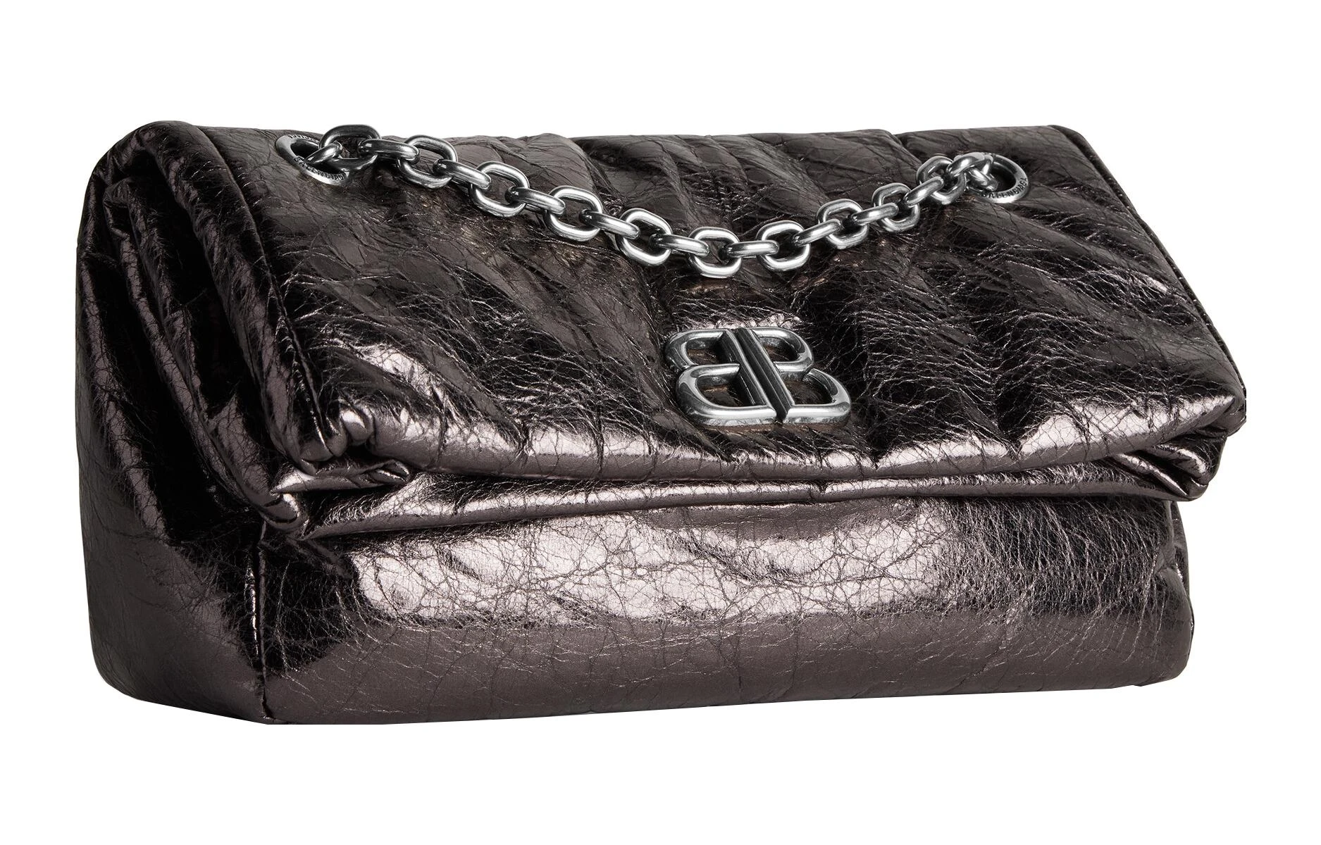 商品[国内直发] Balenciaga|巴黎世家 Monaco 做旧银色BB徽标翻盖闭合 Arena小牛皮 链条包手提单肩包 小号 女款 深灰色,价格¥15811,第3张图片详细描述