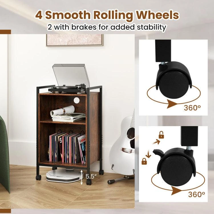 商品Hivvago|Mobile Record Player Stand with Power Outlet-Rustic Brown,价格¥914,第3张图片详细描述