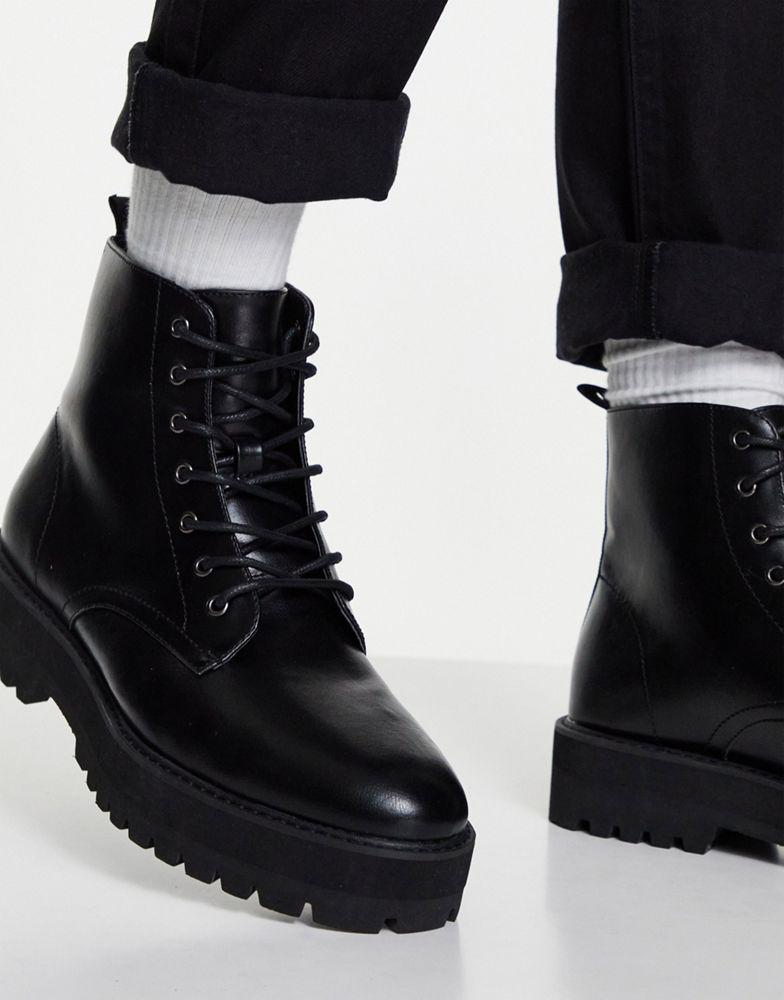 ASOS DESIGN lace up boot in black faux leather with raised chunky sole商品第4张图片规格展示
