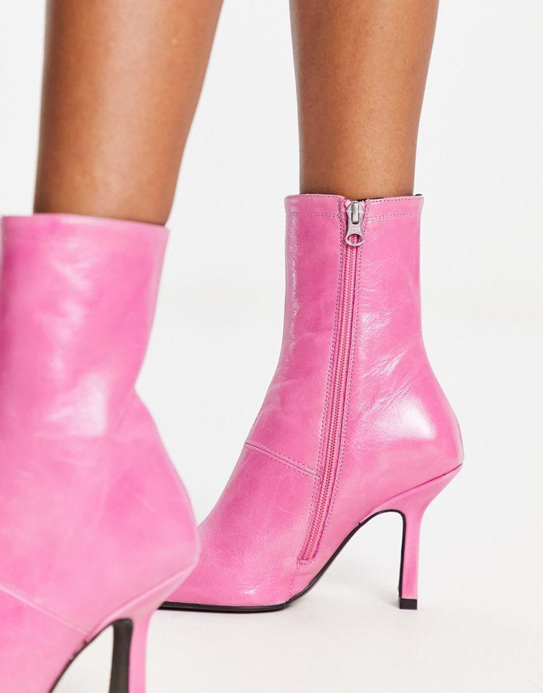 ASOS DESIGN Reign premium leather mid-heeled boots in pink商品第3张图片规格展示