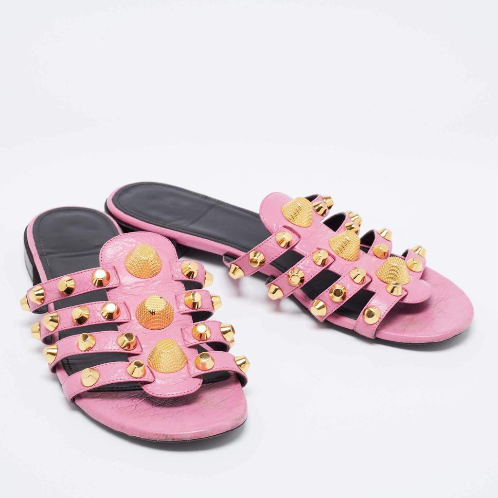 Balenciaga Pink Leather Studded Accents Flat Slides Size 40商品第4张图片规格展示