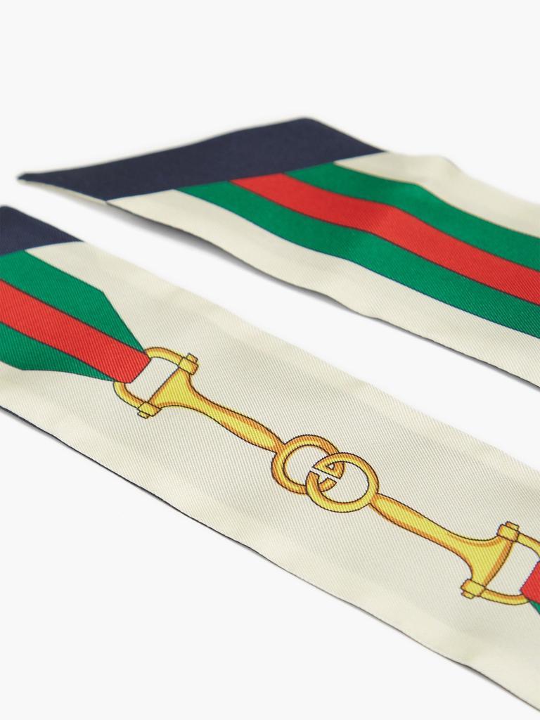 商品Gucci|Horsebit and Web Stripe-print silk-faille scarf,价格¥1307,第6张图片详细描述