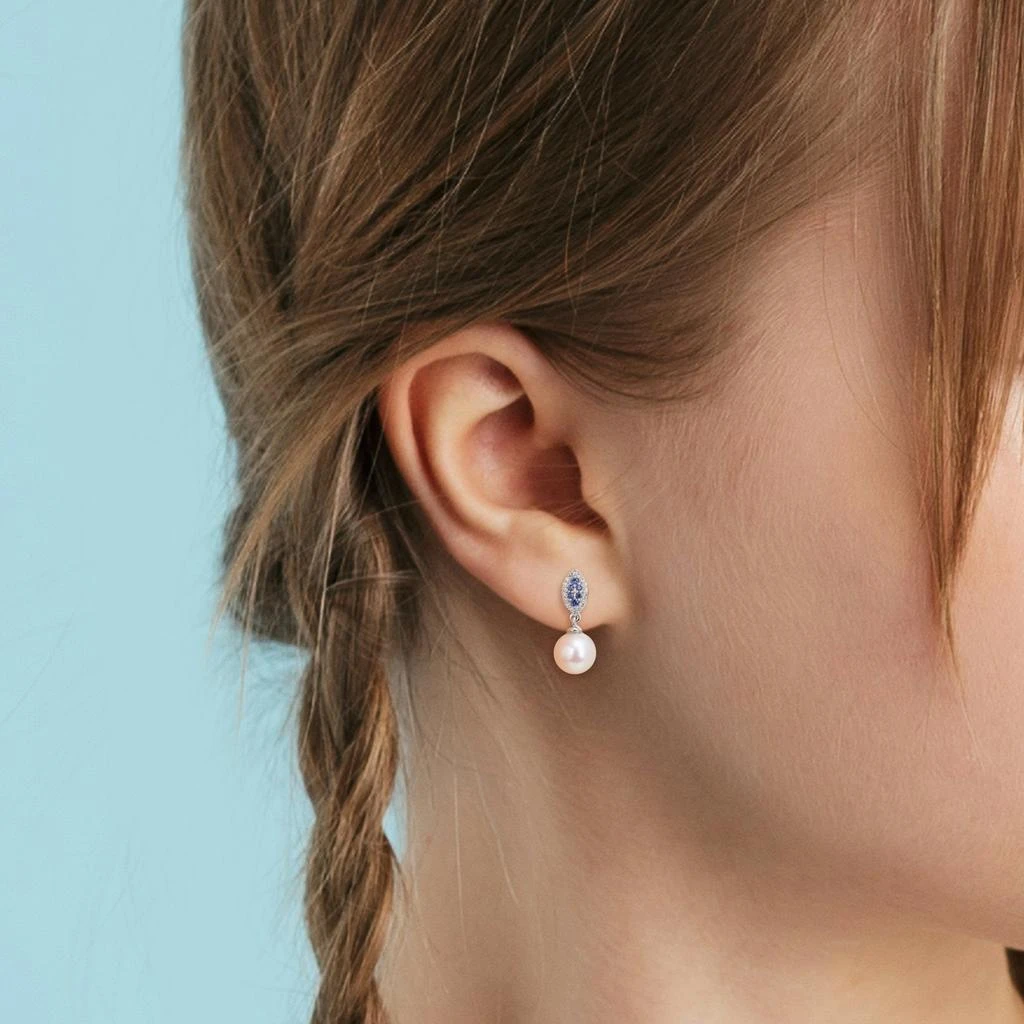 商品Mimi & Max|Mimi & Max 8mm Cultured Freshwater Pearl 1/7ct TDW Diamond 1/6ct TGW Sapphire Marquise Earrings 14k White Gold,价格¥2721,第1张图片详细描述