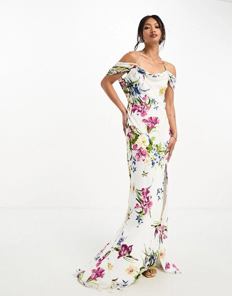 商品ASOS|ASOS DESIGN cap sleeve strappy open back bias maxi dress in white based floral print,价格¥195,第4张图片详细描述