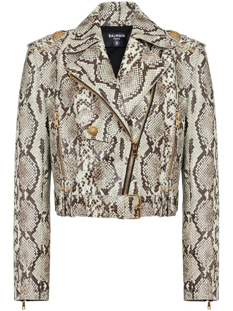 商品Balmain|Balmain Cropped Python Belted Leather Biker Jacket Clothing,价格¥16884,第1张图片