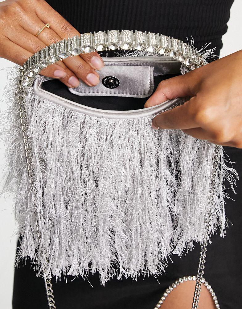 ASOS DESIGN clutch bag in feather with diamante top handle in grey with detachable cross body strap商品第3张图片规格展示