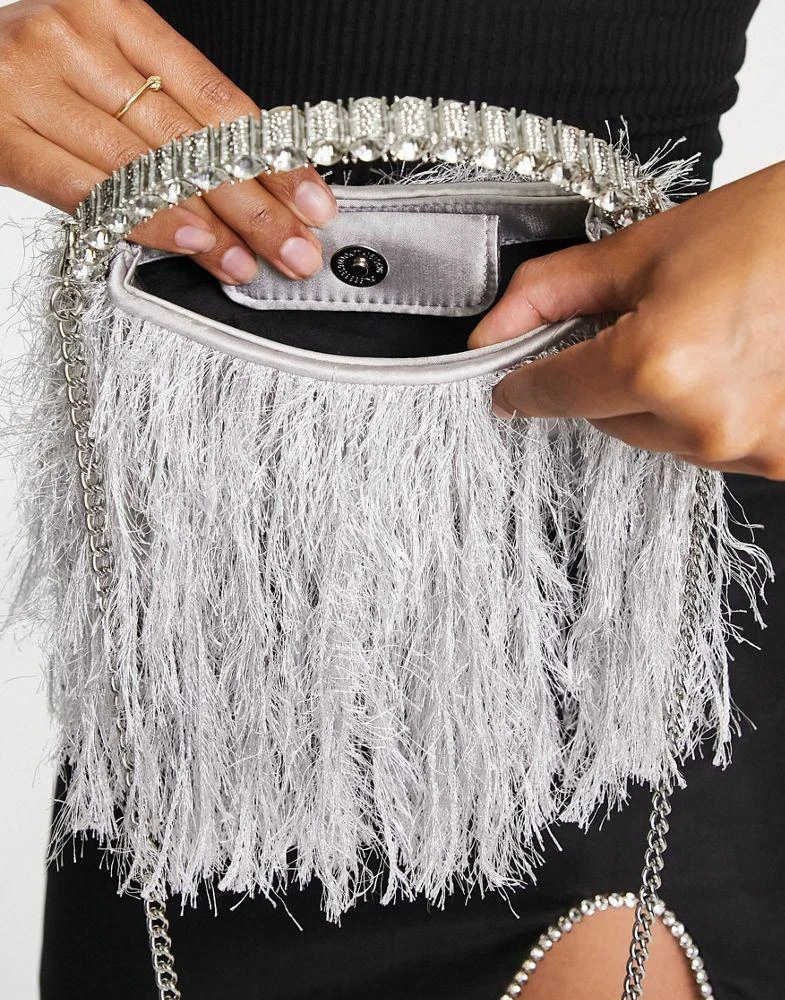 商品ASOS|ASOS DESIGN clutch bag in feather with diamante top handle in grey with detachable cross body strap,价格¥208,第3张图片详细描述