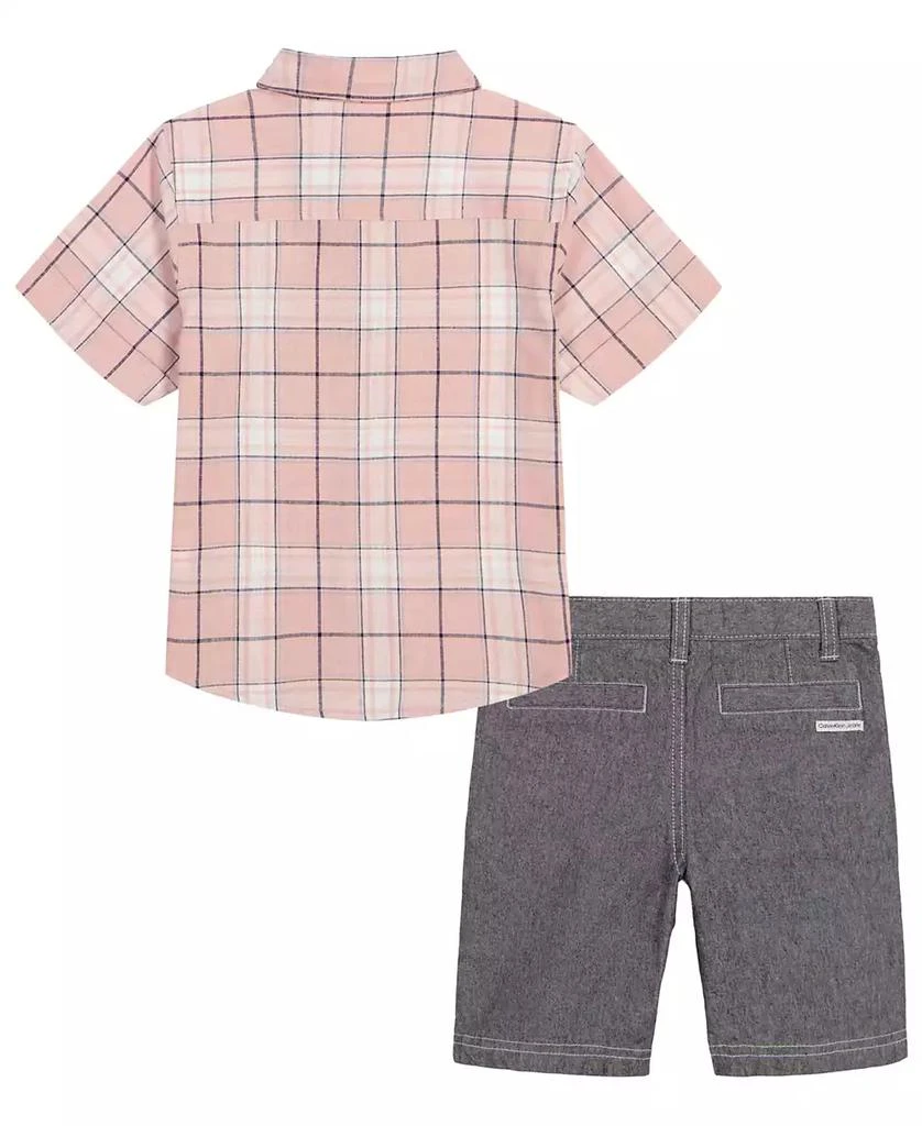 商品Calvin Klein|Little Boys Plaid Slub Button-Up Short Sleeve Shirt and Twill Shorts, 2 Piece Set,价格¥113,第2张图片详细描述