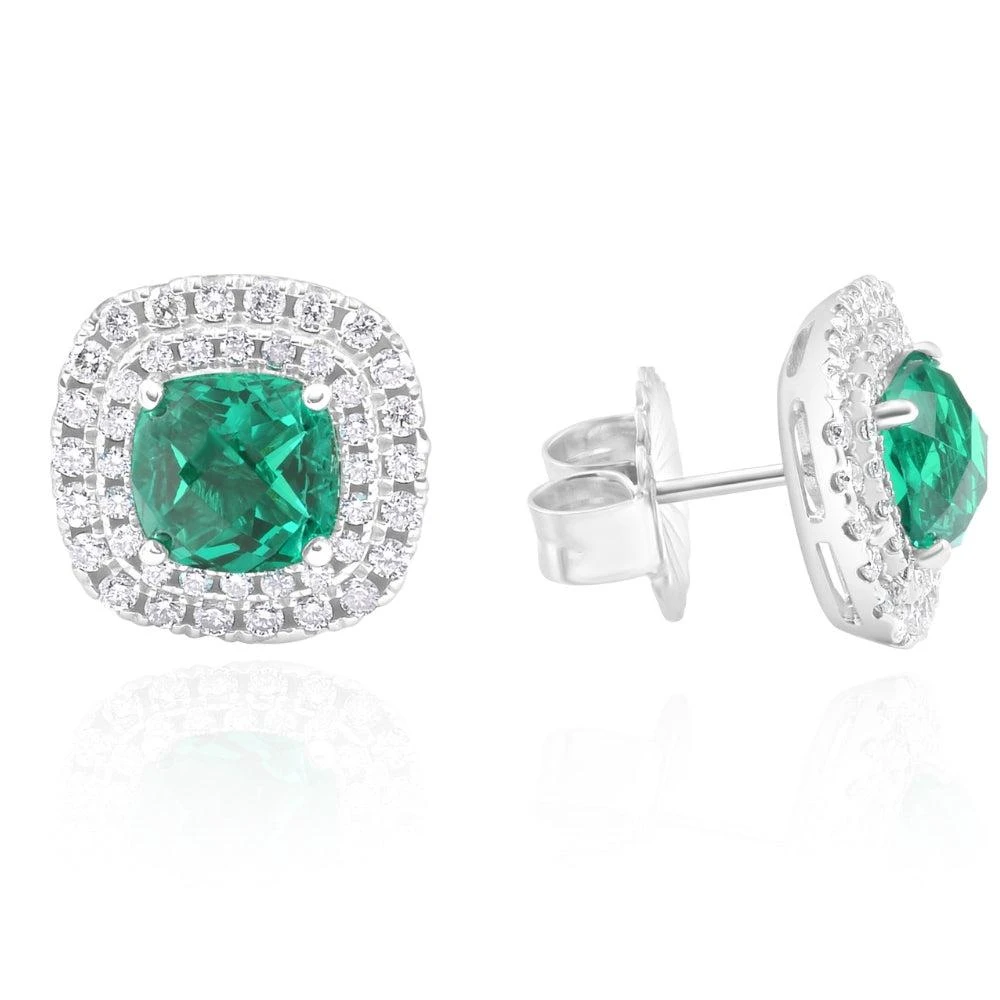 商品Pompeii3|4Ct Emerald & Lab Grown Diamond Cushion Halo Studs 14k White Gold,价格¥15648,第2张图片详细描述